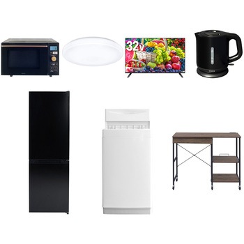 【家電セット】7点セット (6kg洗濯機 157L冷蔵庫 オーブンレンジ シーリングライト 32型液晶テレビ 電気ケトル レンジラック) YAMAZEN(山善)