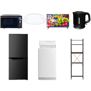 【家電セット】7点セット (6kg洗濯機 106L冷蔵庫 オーブンレンジ シーリングライト 32型液晶テレビ 電気ケトル 家電収納ラック) YAMAZEN(山善)