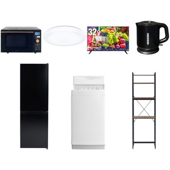 【家電セット】7点セット (6kg洗濯機 157L冷蔵庫 オーブンレンジ シーリングライト 32型液晶テレビ 電気ケトル 家電収納ラック) YAMAZEN(山善)