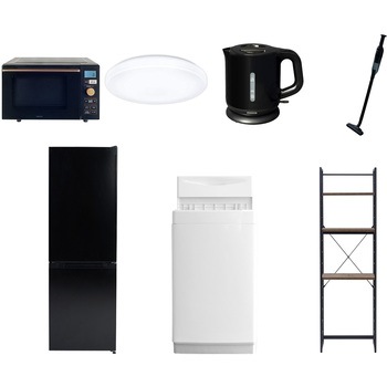 【家電セット】7点セット (6kg洗濯機 157L冷蔵庫 オーブンレンジ シーリングライト 電気ケトル 軽量クリーナー 家電収納ラック) YAMAZEN(山善)