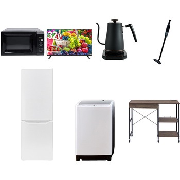 【家電セット】7点セット (8kg洗濯機 173L冷蔵庫 電子レンジ 32型液晶テレビ 温調ケトル 軽量クリーナー レンジラック) YAMAZEN(山善)