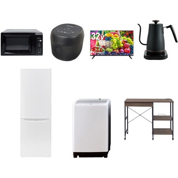 【家電セット】7点セット (8kg洗濯機 173L冷蔵庫 電子レンジ 炊飯器 32型液晶テレビ 温調ケトル レンジラック) YAMAZEN(山善)