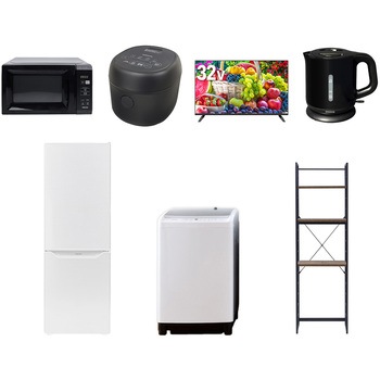 【家電セット】7点セット (8kg洗濯機 173L冷蔵庫 電子レンジ 炊飯器 32型液晶テレビ 電気ケトル 家電収納ラック) YAMAZEN(山善)