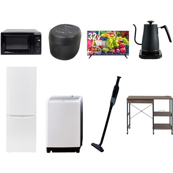 【家電セット】8点セット (8kg洗濯機 173L冷蔵庫 電子レンジ 炊飯器 32型液晶テレビ 温調ケトル 軽量クリーナー レンジラック) YAMAZEN(山善)