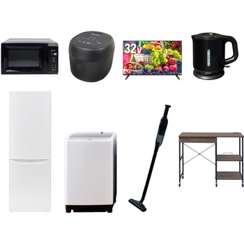 【家電セット】8点セット (8kg洗濯機 173L冷蔵庫 電子レンジ 炊飯器 32型液晶テレビ 電気ケトル 軽量クリーナー レンジラック) YAMAZEN(山善)