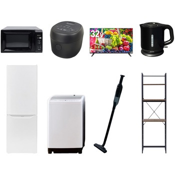 【家電セット】8点セット (8kg洗濯機 173L冷蔵庫 電子レンジ 炊飯器 32型液晶テレビ 電気ケトル 軽量クリーナー 家電収納ラック) YAMAZEN(山善)