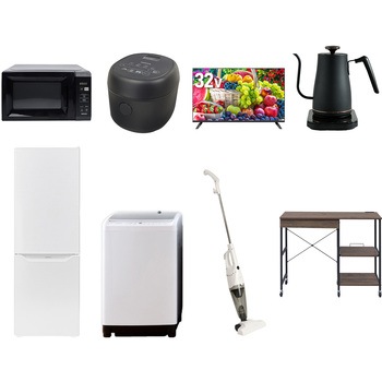 【家電セット】8点セット (8kg洗濯機 173L冷蔵庫 電子レンジ 炊飯器 32型液晶テレビ 温調ケトル スティッククリーナー レンジラック) YAMAZEN(山善)
