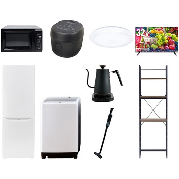 【家電セット】9点セット (8kg洗濯機 173L冷蔵庫 電子レンジ 炊飯器 シーリングライト 32型液晶テレビ 温調ケトル 軽量クリーナー 家電収納ラック) YAMAZEN(山善)