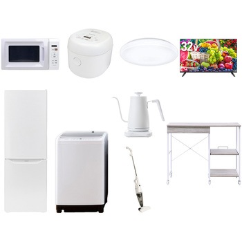 【家電セット】9点セット (8kg洗濯機 173L冷蔵庫 電子レンジ 炊飯器 シーリングライト 32型液晶テレビ 温調ケトル スティッククリーナー レンジラック) YAMAZEN(山善)