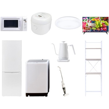 【家電セット】9点セット (8kg洗濯機 173L冷蔵庫 電子レンジ 炊飯器 シーリングライト 32型液晶テレビ 温調ケトル スティッククリーナー 家電収納ラック) YAMAZEN(山善)