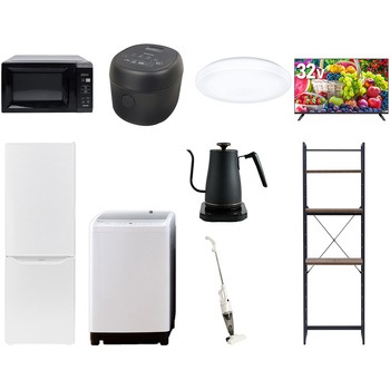 【家電セット】9点セット (8kg洗濯機 173L冷蔵庫 電子レンジ 炊飯器 シーリングライト 32型液晶テレビ 温調ケトル スティッククリーナー 家電収納ラック) YAMAZEN(山善)