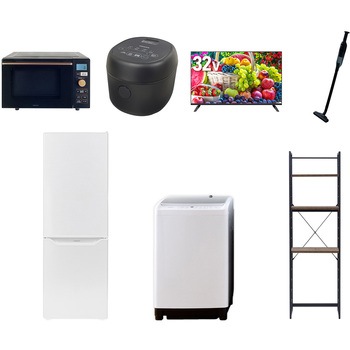 【家電セット】7点セット (8kg洗濯機 173L冷蔵庫 オーブンレンジ 炊飯器 32型液晶テレビ 軽量クリーナー 家電収納ラック) YAMAZEN(山善)