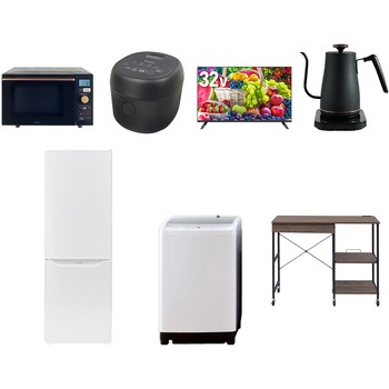 【家電セット】7点セット (8kg洗濯機 173L冷蔵庫 オーブンレンジ 炊飯器 32型液晶テレビ 温調ケトル レンジラック) YAMAZEN(山善)