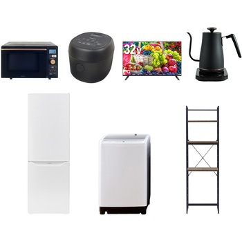 【家電セット】7点セット (8kg洗濯機 173L冷蔵庫 オーブンレンジ 炊飯器 32型液晶テレビ 温調ケトル 家電収納ラック) YAMAZEN(山善)