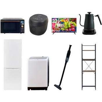 【家電セット】8点セット (8kg洗濯機 173L冷蔵庫 オーブンレンジ 炊飯器 32型液晶テレビ 温調ケトル 軽量クリーナー 家電収納ラック) YAMAZEN(山善)