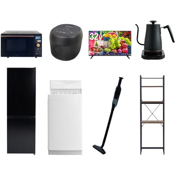 【家電セット】8点セット (6kg洗濯機 157L冷蔵庫 オーブンレンジ 炊飯器 32型液晶テレビ 温調ケトル 軽量クリーナー 家電収納ラック) YAMAZEN(山善)