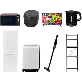 【家電セット】8点セット (8kg洗濯機 173L冷蔵庫 オーブンレンジ 炊飯器 32型液晶テレビ 電気ケトル 軽量クリーナー 家電収納ラック) YAMAZEN(山善)
