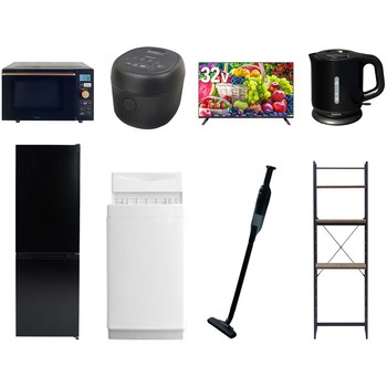 【家電セット】8点セット (6kg洗濯機 157L冷蔵庫 オーブンレンジ 炊飯器 32型液晶テレビ 電気ケトル 軽量クリーナー 家電収納ラック) YAMAZEN(山善)