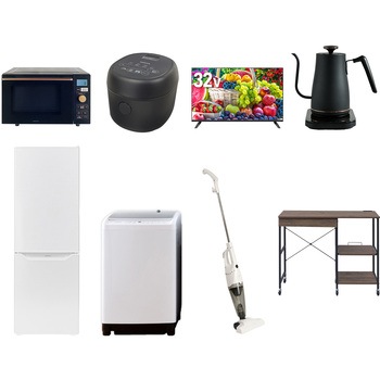 【家電セット】8点セット (8kg洗濯機 173L冷蔵庫 オーブンレンジ 炊飯器 32型液晶テレビ 温調ケトル スティッククリーナー レンジラック) YAMAZEN(山善)