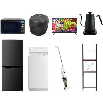 【家電セット】8点セット (6kg洗濯機 106L冷蔵庫 オーブンレンジ 炊飯器 32型液晶テレビ 温調ケトル スティッククリーナー 家電収納ラック) YAMAZEN(山善)