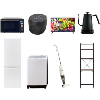 【家電セット】8点セット (8kg洗濯機 173L冷蔵庫 オーブンレンジ 炊飯器 32型液晶テレビ 温調ケトル スティッククリーナー 家電収納ラック) YAMAZEN(山善)