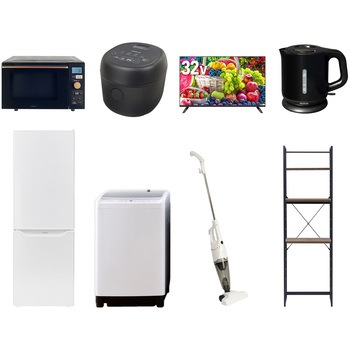 【家電セット】8点セット (8kg洗濯機 173L冷蔵庫 オーブンレンジ 炊飯器 32型液晶テレビ 電気ケトル スティッククリーナー 家電収納ラック) YAMAZEN(山善)