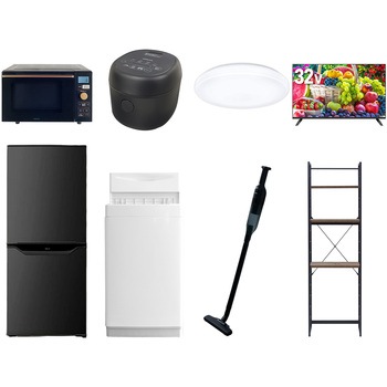 【家電セット】8点セット (6kg洗濯機 106L冷蔵庫 オーブンレンジ 炊飯器 シーリングライト 32型液晶テレビ 軽量クリーナー 家電収納ラック) YAMAZEN(山善)