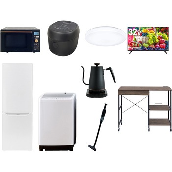 【家電セット】9点セット (8kg洗濯機 173L冷蔵庫 オーブンレンジ 炊飯器 シーリングライト 32型液晶テレビ 温調ケトル 軽量クリーナー レンジラック) YAMAZEN(山善)