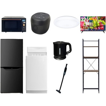 【家電セット】9点セット (6kg洗濯機 106L冷蔵庫 オーブンレンジ 炊飯器 シーリングライト 32型液晶テレビ 電気ケトル 軽量クリーナー 家電収納ラック) YAMAZEN(山善)