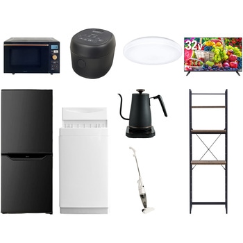 【家電セット】9点セット (6kg洗濯機 106L冷蔵庫 オーブンレンジ 炊飯器 シーリングライト 32型液晶テレビ 温調ケトル スティッククリーナー 家電収納ラック) YAMAZEN(山善)