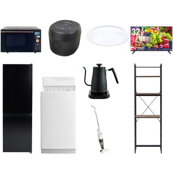 【家電セット】9点セット (6kg洗濯機 157L冷蔵庫 オーブンレンジ 炊飯器 シーリングライト 32型液晶テレビ 温調ケトル スティッククリーナー 家電収納ラック) YAMAZEN(山善)