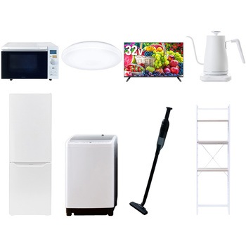 【家電セット】8点セット (8kg洗濯機 173L冷蔵庫 オーブンレンジ シーリングライト 32型液晶テレビ 温調ケトル 軽量クリーナー 家電収納ラック) YAMAZEN(山善)