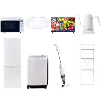 【家電セット】8点セット (8kg洗濯機 173L冷蔵庫 オーブンレンジ シーリングライト 32型液晶テレビ 温調ケトル スティッククリーナー 家電収納ラック) YAMAZEN(山善)