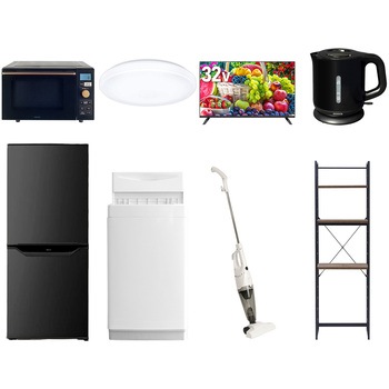 【家電セット】8点セット (6kg洗濯機 106L冷蔵庫 オーブンレンジ シーリングライト 32型液晶テレビ 電気ケトル スティッククリーナー 家電収納ラック) YAMAZEN(山善)