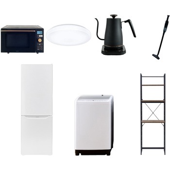 【家電セット】7点セット (8kg洗濯機 173L冷蔵庫 オーブンレンジ シーリングライト 温調ケトル 軽量クリーナー 家電収納ラック) YAMAZEN(山善)
