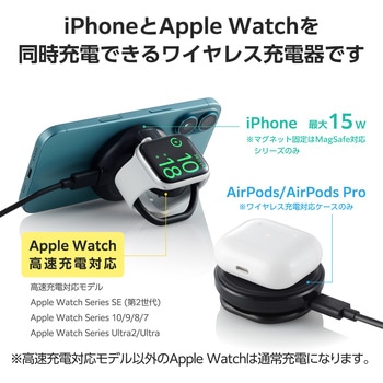 ワイヤレス充電器 Qi認証 Qi2対応 15W/7.5W/5W マグネット式 卓上 スタンド リング付き 同時充電 エレコム