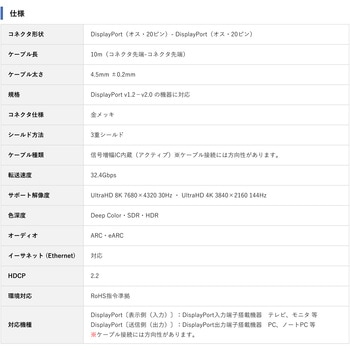 8K30Hz対応 光ファイバー DisplayPort ケーブル 10m Vodaview