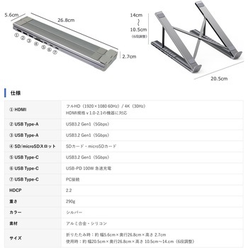 USB-C to HDMI 出力 マルチドッキンステーション 折りたたみスタンド型 USB-A 5.0Gbps×2ポート・USB-C 480Mbps×1 ポート・PD100W(7in1) Vodaview