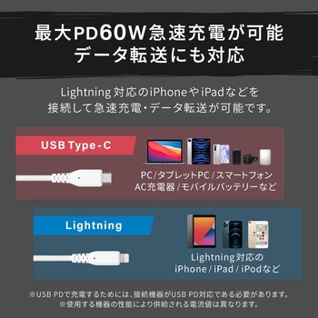 やわらか超タフで断線に強い 耐屈曲10万回以上PD60W充電/データ転送 Type-C to Lightningケーブル 1.5m OWLTECH(オウルテック)