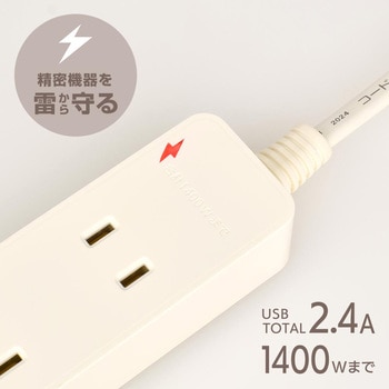 2個口タップ 雷ガード USBポート付き オーム電機
