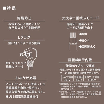 2個口タップ 雷ガード USBポート付き オーム電機