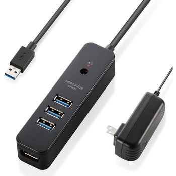 USBハブ 3.0 4ポート セルフパワー バスパワー マグネット付 ケーブル一体型 ACアダプタ USB A(オス)×1 ブラック色  U3H-T410SBK