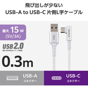 USB Type-C ケーブル ( USB-A to C ) L字 ナイロンメッシュ 高速データ転送 充電ケーブル エレコム