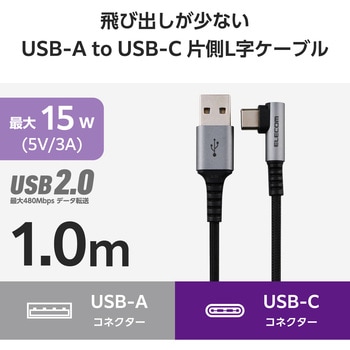 USB Type-C ケーブル ( USB-A to C ) L字 ナイロンメッシュ 高速データ転送 充電ケーブル エレコム