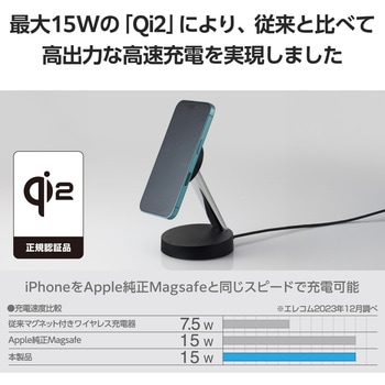 ワイヤレス充電器 Qi認証 Qi2対応 15W/7.5W/5W マグネット式 充電スタンド ケーブル一体 エレコム