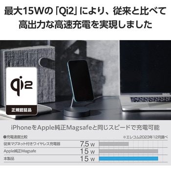 ワイヤレス充電器 Qi認証 Qi2対応 15W/7.5W/5W マグネット式 充電スタンド ケーブル一体 エレコム
