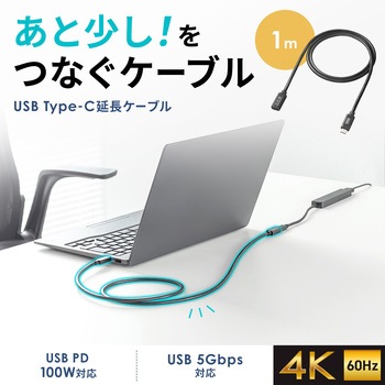 USB TypeC延長ケーブル_USB 5Gbps_PD100W対応 サンワサプライ