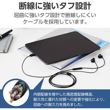 タイプCイヤホン 有線 マイク付き セミオープン型 断線しにくい高耐久 通話対応 音量調整 エレコム