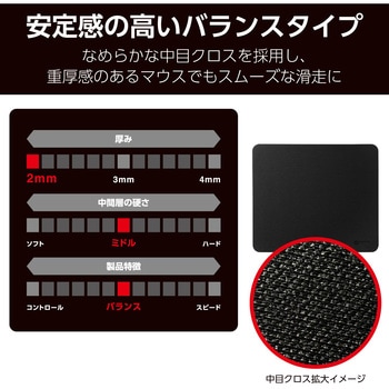 ゲーミング マウスパッド 小型 バランスタイプ 中目クロス 表面 ラバーベース 300×350×2mm エレコム