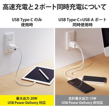 スマホ充電器 AC充電器 タイプC×1ポート USB×1ポート PD 20W スイングプラグ 小型 軽量 USBコンセント iPhone エレコム